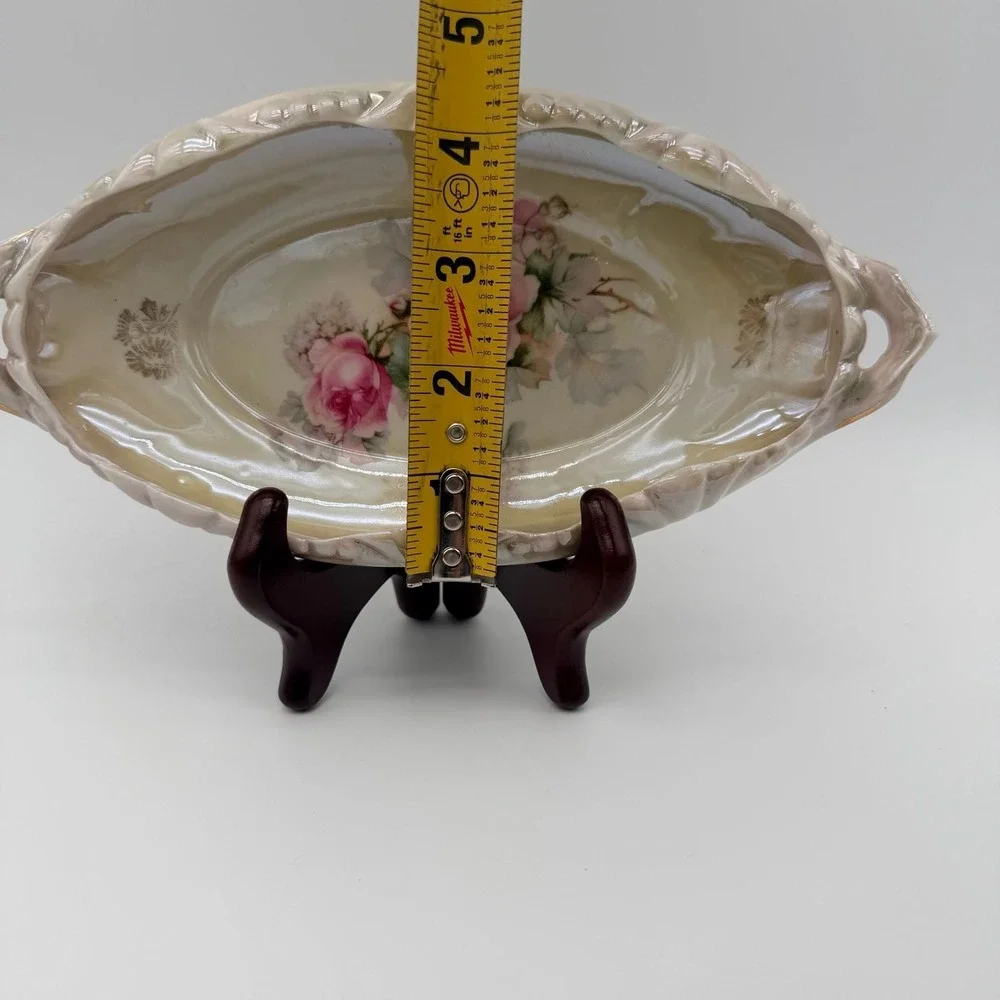 VTG German Porcelain Oval Celery Dish / Relish Tray Pink Roses and Gold accents